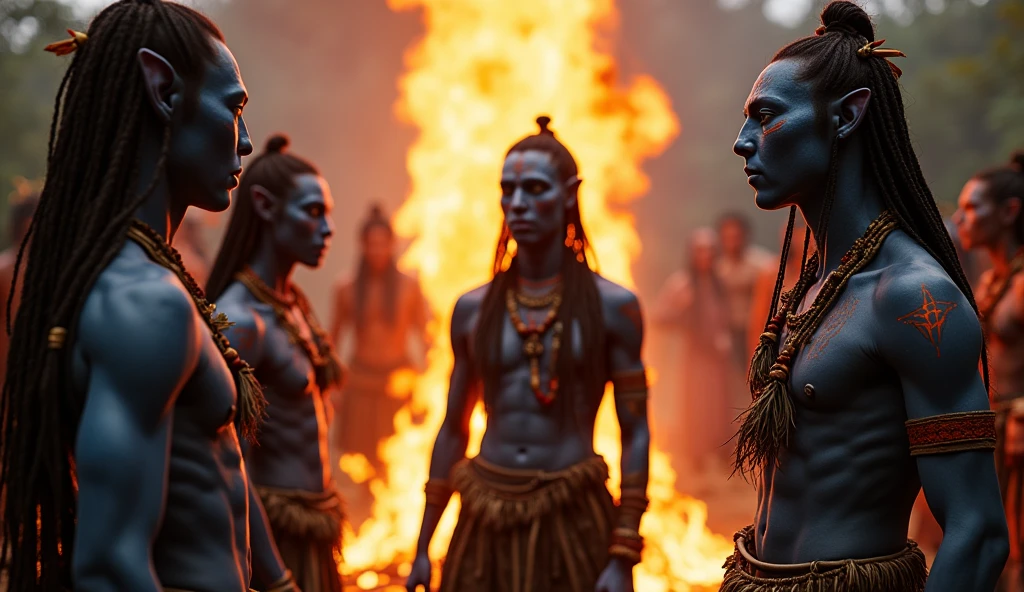 avatar movie people inspire A closer, medium shot focuses on the central area of the village where the Ash People are performing a ritual around a large, glowing bonfire. The fire is blazing brightly, casting flickering shadows and illuminating the area with its warm light. The Ash People, distinct with their dark blue skin, gather around the fire. Their skin is adorned with intricate red and black tribal markings that glow subtly in the firelight. They are of varying heights, with a mix of tall, slender figures and more muscular builds, reflecting the diversity within the tribe. Their hair is long, braided, and interwoven with small beads and feathers. The Ash People wear clothing made from dark, woven natural materials, such as leaves and animal hides, with accents of feathers and beads, giving them a rugged yet ceremonial appearance.

Their faces are serious and focused, eyes closed or gazing intently into the flames. Some have facial piercings and bone jewelry. The group moves in a rhythmic, coordinated dance, chanting in unison. Their movements are fluid and graceful, synchronized with the deep, resonant beat of drums that echo through the village. The sound of chanting and drumming creates an intense, almost hypnotic atmosphere, underscoring the solemnity and power of their ritual. The camera captures the interplay of light and shadow on their faces, highlighting their expressions and the ancient significance of their ritual.