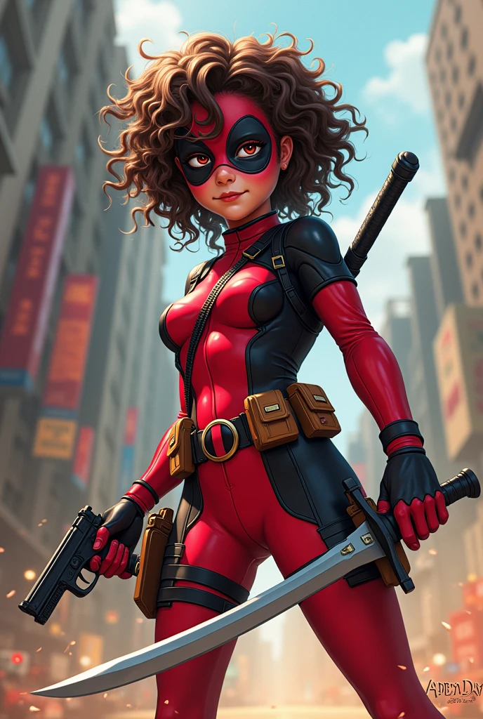 Deadpool like outfit, light skin, curly hair, comical, two guns, swords, teenager
