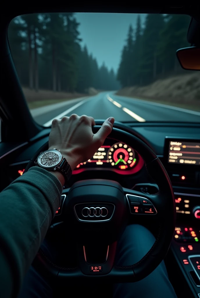 take a photo from inside an Audi on the first person camera at night with just one hand on the steering wheel and a silver skydiver technos watch on your arm