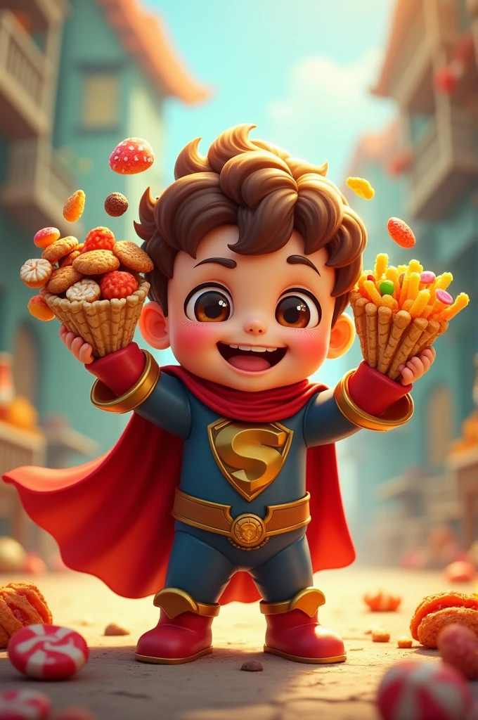 Cute little hero holding a bunch of snacks