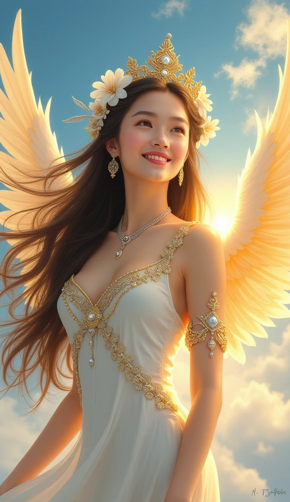 A painting in Thai art style，Depicts a beautiful woman with white angel wings. Fluffy and soft wings, The golden light shines through them. She is wearing white traditional Thai clothing，Wear gold and silver jewelry. She has a sweet smile and soft pink lips. She has white flowers in her long brown hair.，Wearing a diamond-studded crown on her head. She wears a silver necklace，Gold pattern on sleeves. Background with blue sky and white clouds. The sun was shining on her, Highlight the details of her clothes and face.