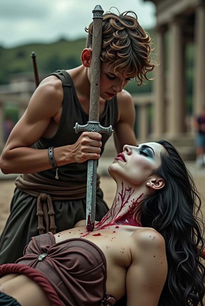 Realism, super quality, action photography style, a defeated woman kneels, her son (12 years) holds the tip of a sword to a woman's throat, knife stab in the throat, Her head is thrown back strongly.., the woman has a large manly Adam's apple, (woman - 30 year old warrior, throat slit, gothic makeup, pale skin, long hair) (son is ) ancient greece battle