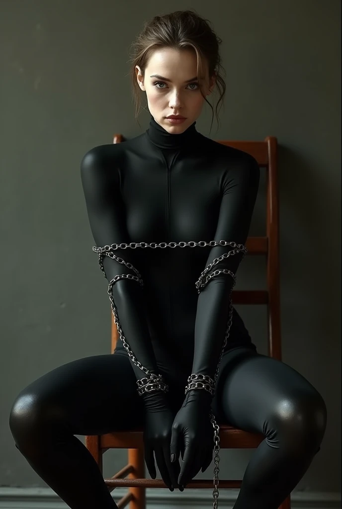 civil war black widow, white skin, full black suit, black gloves, sitting on a wooden chair, looking straight, full image from head and legs, realistic, bdsm, bondage, bound, arms bound to armrest using chains, legs bound to chair leg using chains
