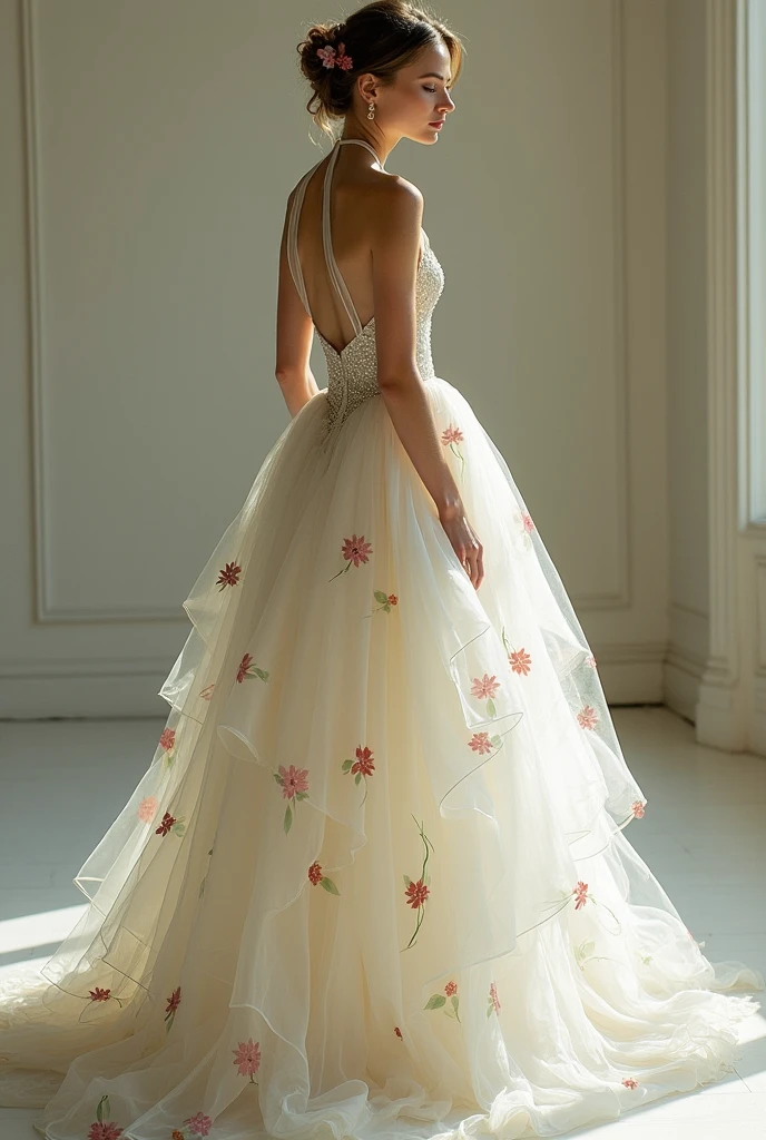 Design a (((beautiful wedding dress))), with a (((halter strap))) and (((NO neckline))). 
The dress have a fairytale look. 
The whole dress is made of layers of (((semi-transparent fabric))) that is intricately painted with (((small delicate petals))) of flowers in light tones of  red and green.