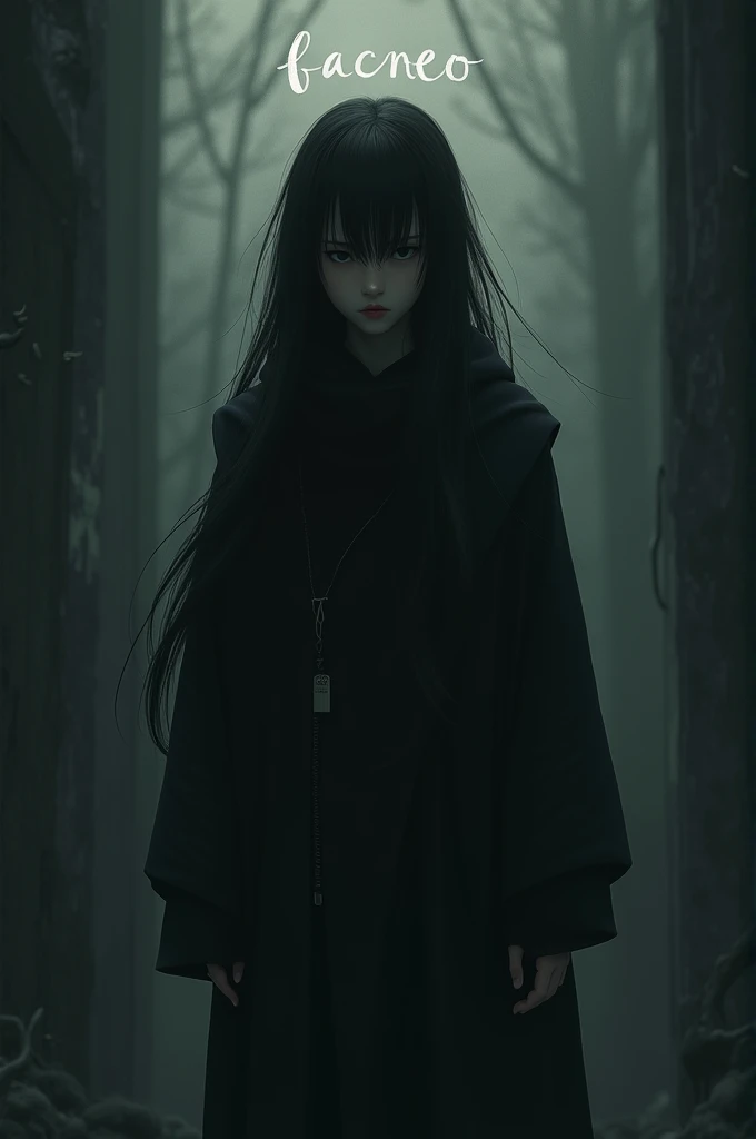 Full body Asian boy in a dark place with long hair and in the background written the word facneo