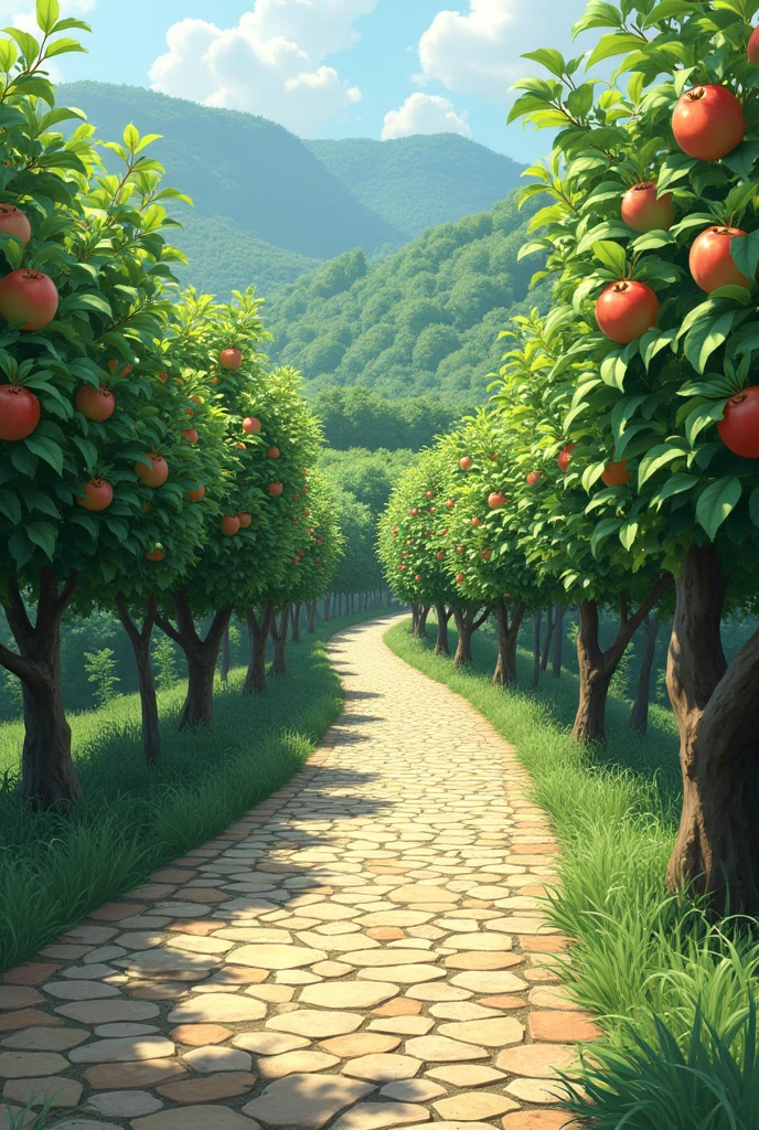 Intensive small apple trees throughout the road on both sides of a road covered in stones appropriate for a resort
