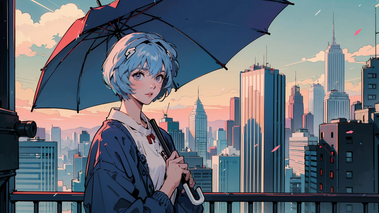 masterpiece, best quality, detailed, ((official style)), (((Rei Ayanami, 独奏))), /neon genesis evangelion/, (upper body), blue hair, short hair, bangs, red eyes, ネオンが輝くサイバーパンク都市の雨のnight,A sophisticated vehicle passes by, Neon sign flashing, Skyscrapers pierce the purplish blue sky. Despite being a bustling city, 彼女はOne personで立っている、Holding an umbrella、night、One person