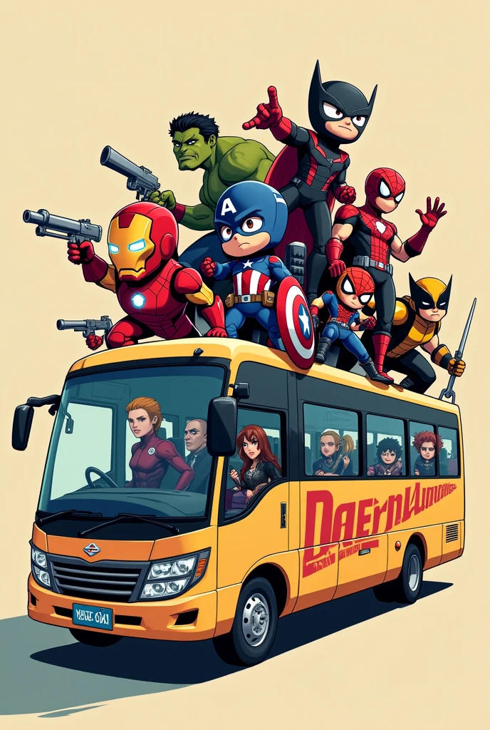 Create an image of the Avengers reimagined as a 1-dimensional cartoon. Include characters like Iron Man, Captain America, Thor, Hulk, Black Widow, spiderman, wolverine, deadpool and doctor strange. Design them with exaggerated anime-style features, such as heads 4 times larger than normal in caricature-like and dynamic poses, and sleek, detailed armor or costumes. Place some of the characters, some of whom are in the bus, on top of the bus or flying, with the background of a building that says Daihatsu, the bus has red and white colors and there is Daihatsu written on it which emphasizes action and intensity. Each character must have a unique anime-style weapon or accessory that matches their personality and strength on a plain colored background