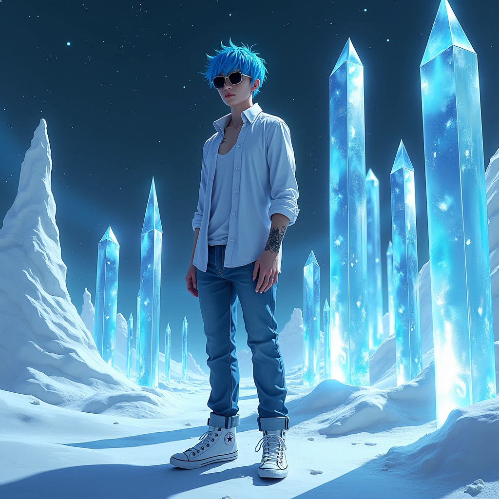 A realistic depiction of humanoid creatures in the world. Japanese  man, bright blue stylish short hair, sunglasses, black chrome lenses, Long sleeve white shirt, rolled up sleeves Wolf tattoo on arm, jeans, Converse shoes
Stands, larger dynamic made of beautiful sparkling crystal. The backdrop is a sea of snow at night with stars twinkling in the sky. UHD 128K.