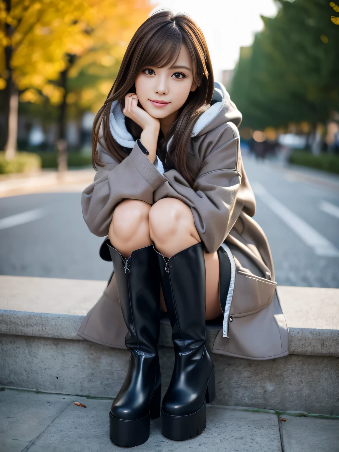 (masterpiece), (best quality, ultra-detailed, hyperdetailed, realistic), sharp features, highly detailed, sharp focus, Realistic, Photorealistic:1.3, perfect face, perfect symmetrically eyes, perfect lips, (no makeup), hyper detailed, hyper realistic, high resolution, Japanese model sitting on a park bench, (Standing posture), Fashion Model, (19yo:1.3), Slender, brown hair, Stylish, Beautiful Face, light brown hair, messy hair, diagonal bangs, (seductive smile), (looking at viewer), cinematic lighting, blurred background, be photographed from the top of one's knees up, 
BREAK, 
(black boots and a gray coat, wearing an oversized hoodie), (high boots, knee-high boots, over-knee boots, leather boots, platform boots),  