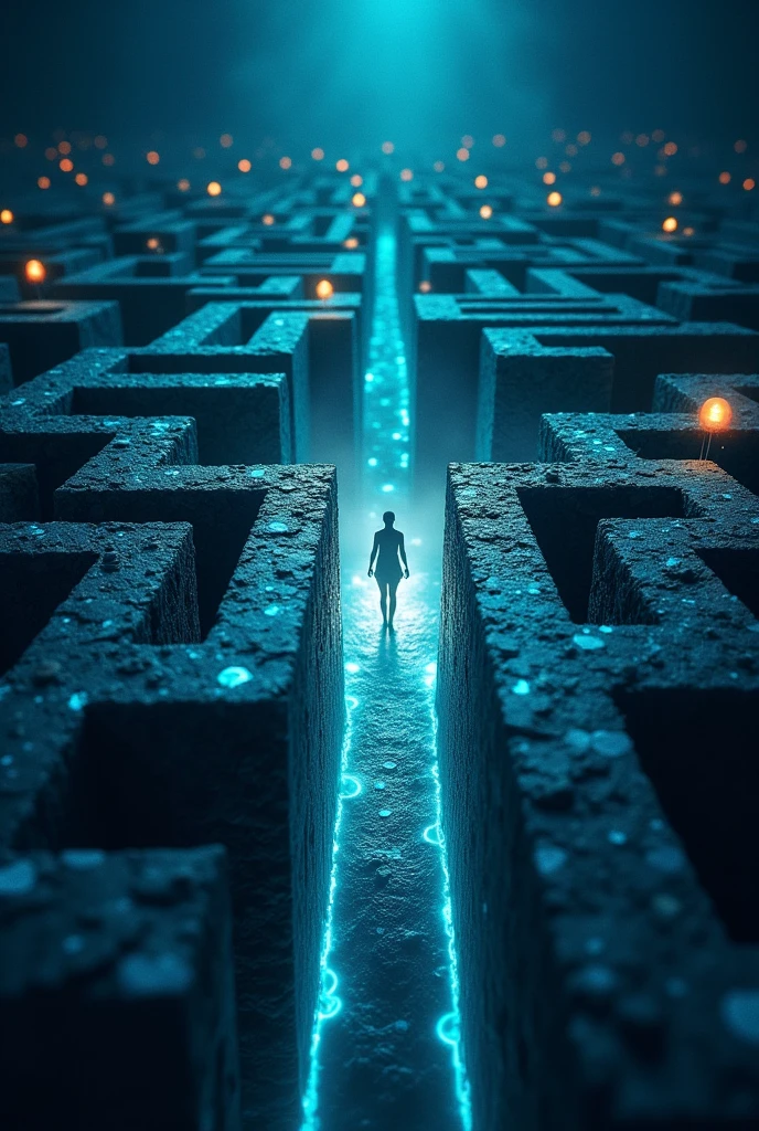 "Create a Facebook cover photo that captures the intrigue of a mental journey. The image should feature a maze or labyrinth made up of glowing neural pathways, with a faint light at its center symbolizing the discovery of powerful knowledge. Along the walls of the maze, include subtle symbols of communication, sales, and growth, such as dollar signs, speech bubbles, or puzzle pieces, hinting at the challenges and rewards of mastering neuroventas. The overall design should be mysterious and inviting, with a blend of cool and warm tones to evoke both curiosity and optimism."