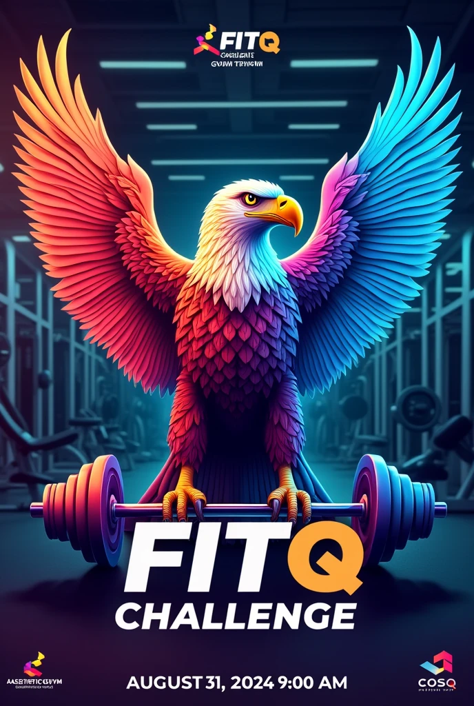 I need a challenge poster. So the content is a rainbow coloures eagle is lifting weights in the Gym and a gym back ground contain the gym name and the gym name is "AESTHETIC GYM TRIVANDRUM".and the challenge name is "FITQ CHALLENGE" and it is for oru IT company and you have to add the company name "COSQ NETWORK PVT LTD ". on 31 Aug 2024. And add time 9:00AM