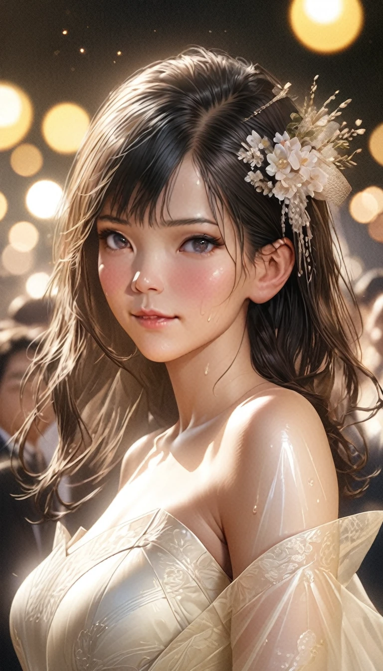 (sweat:0.7),Light yellow wedding dress,white short skirt,woman,japanese,exquisite face, beautiful face,bare shoulders,shoulders slightly exposed,translucent skin,black eyes,black hair,(photorealistic:1.4),realistic details, high resolution,bokeh,outstanding details