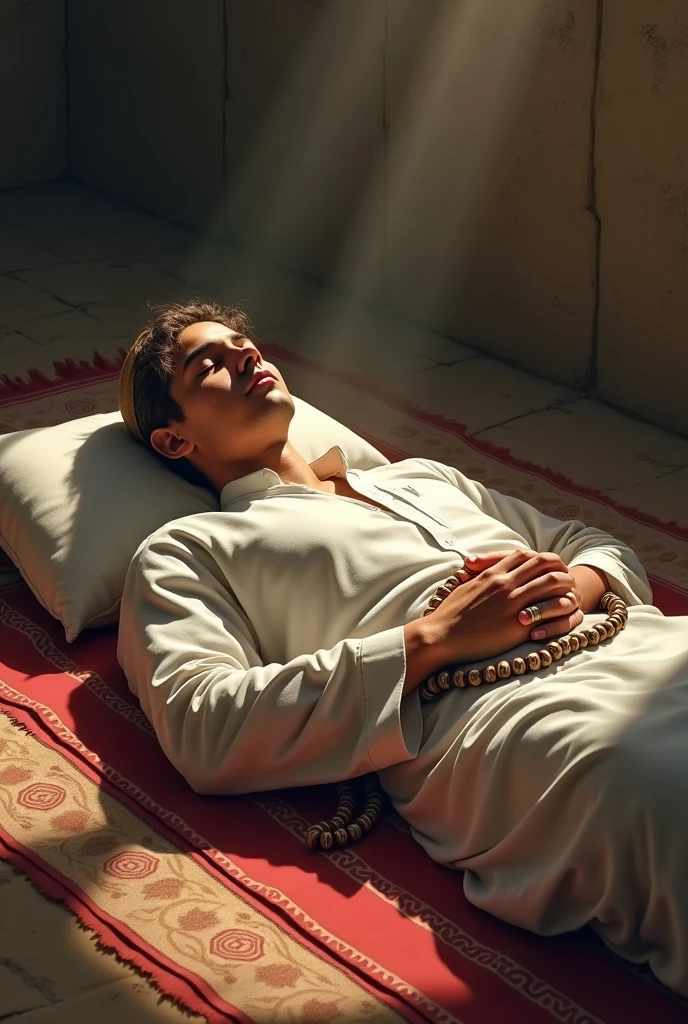 A young man lying asleep on a prayer mat without a pillow while holding prayer beads after reciting dhikr, still wearing his sarong and cap, his hands still holding prayer beads.
