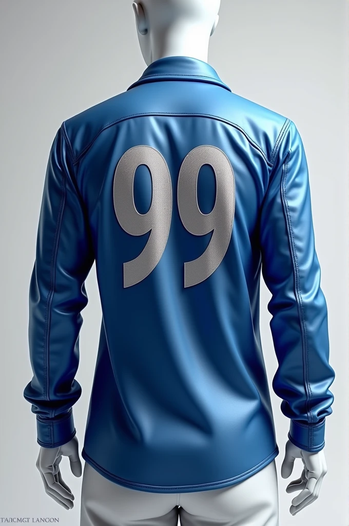 Create the back of an interclass blouse with silver and blue colors with the name MC and the number 99