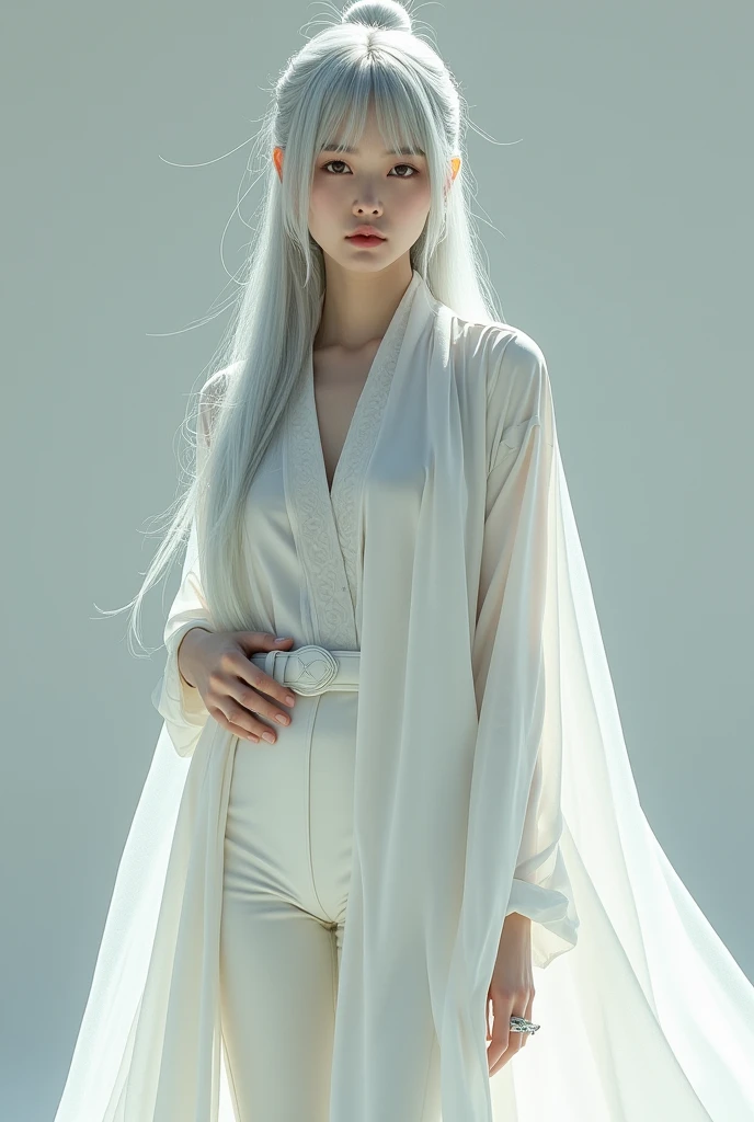woman with silver hair and curtain bangs, wearing a white long sleeved shirt with a cloak over it that extends to his feet, white leather pants made of fabric similar to ancient Chinese clothes