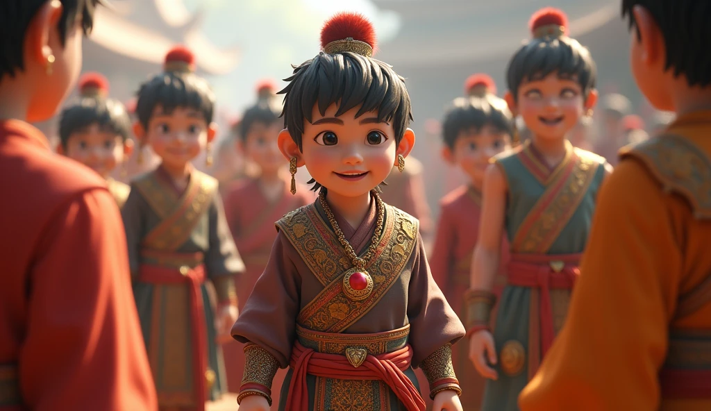 Samb, dressed in a traditional warrior outfit, playfully mocking the sages. He is in a lively setting, surrounded by other young warriors, with a hint of mischief on his face as he pretends to be a pregnant woman.. '3d style realistic image