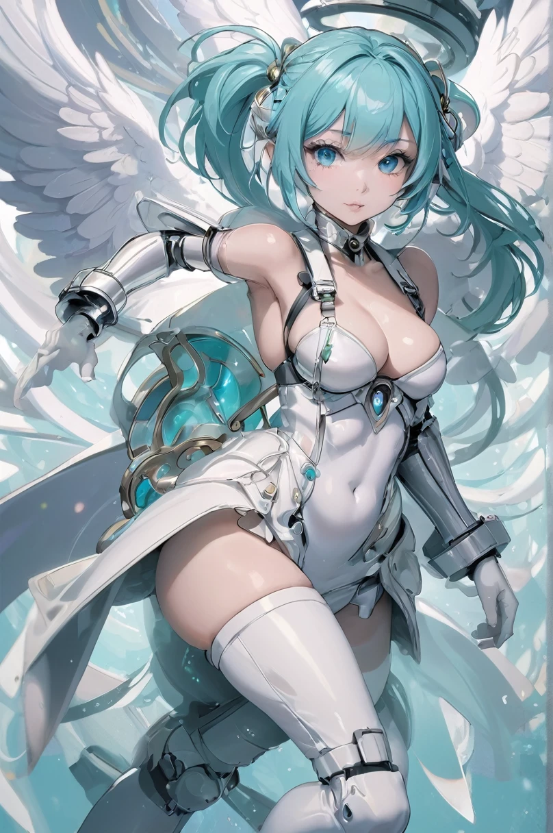 digital painting, action shot, 1girl, woman, (touching Equestrian:1.3) angel, [:intricate, revealing costume design,:0.2], bombshell hair, aqua hair, Tapered Cut,side ponytail, hourglass figure, caucasian