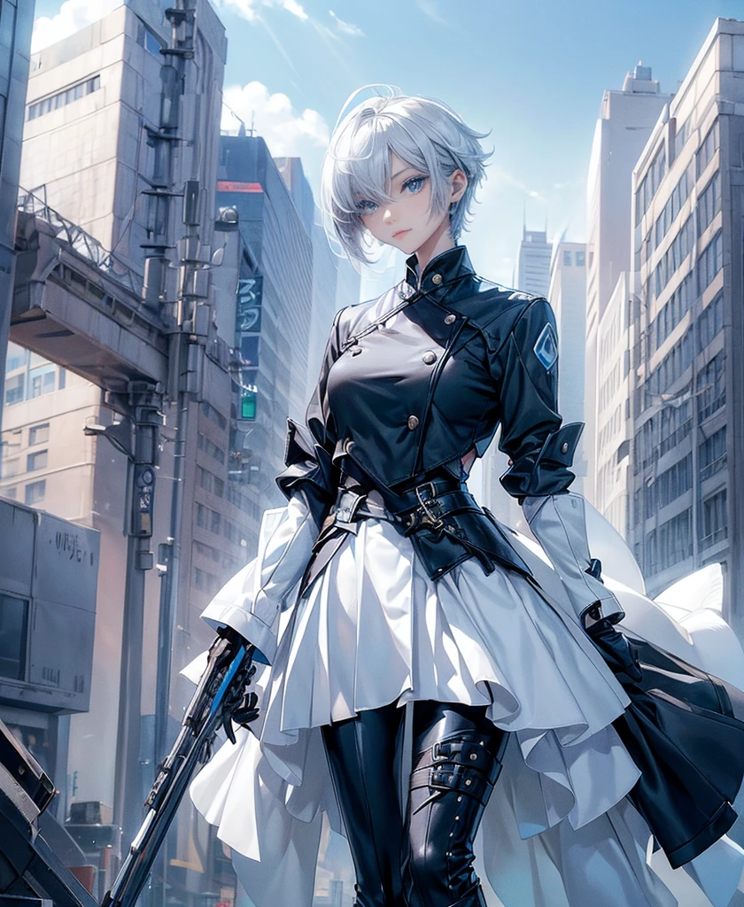 ((4K Works))、masterpiece、(Highest quality)、One beautiful girl、The body is slim、expensive、((Black Y-shirt and white pants、Charming street style))、Please wear a cropped jacket、(Beautiful eyes in every detail)、Morning City、Stylish city、During a walk、((short-haired gray hair))、((Makes your face smaller))、((Neutral face))、((Bright Blue Eyes))、((Adult female, 2))、((Cool woman))、((Like a celebrity))、((Korean Makeup))、((elongated and sharp eyes))、((boyish))、Professional photos、((Model Photo))、((Look up at the sky))、((Shooting from behind))、((She is looking upwards))、((Her eyes are looking up))、((Increase the angle of the face))、((She is walking in front of the viewer))、(Neckline), Elbow-length gloves、Knee-high boots