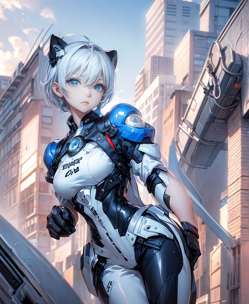 ((4K Works))、masterpiece、(Highest quality)、One beautiful girl、The body is slim、expensive、((Black Y-shirt and white pants、Charming street style))、Please wear a cropped jacket、(Beautiful eyes in every detail)、Morning City、Stylish city、During a walk、((short-haired gray hair))、((Makes your face smaller))、((Neutral face))、((Bright Blue Eyes))、((Adult female, 2))、((Cool woman))、((Like a celebrity))、((Korean Makeup))、((elongated and sharp eyes))、((boyish))、Professional photos、((Model Photo))、((Look up at the sky))、((Shooting from behind))、((She is looking upwards))、((Her eyes are looking up))、((Increase the angle of the face))、((She is walking in front of the viewer))、(Neckline), Elbow-length gloves、Knee-high boots