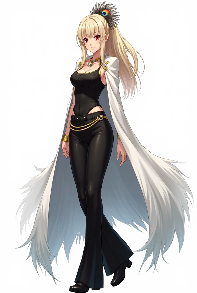 draw in anime style in full growth on a white background: a tall woman with ash blond hair, split bangs in 2 sides, and a 1 high ponytail. She wears a black tank top with gold detailing, and on top of the tank top is a white long cape made of peacock feathers. She is also wearing black wide pants and black shoes. She also has a hairpin with a black, white and red peacock feather on her head. Her eyes are red and not big. She also has gold accessories on her head. Make her expression serious or in a dynamic pose