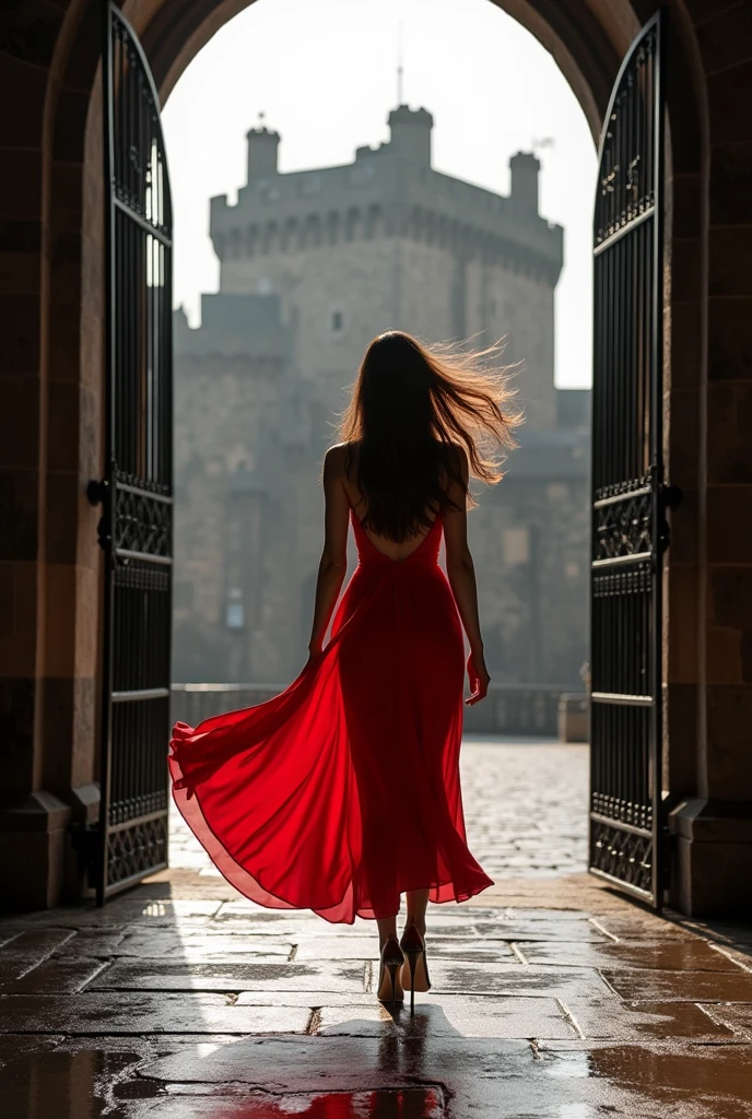 Brunette Instaghram influencer, walking through the gates of Edinburgh Castle, red flowing dress, hair blowing in the wind, dynamic lighting, wet reflection on the ground