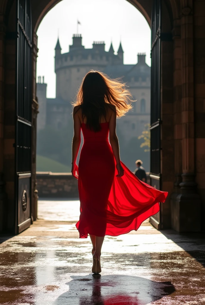 Brunette Instaghram influencer, walking through the gates of Edinburgh Castle, red flowing dress, hair blowing in the wind, dynamic lighting, wet reflection on the ground