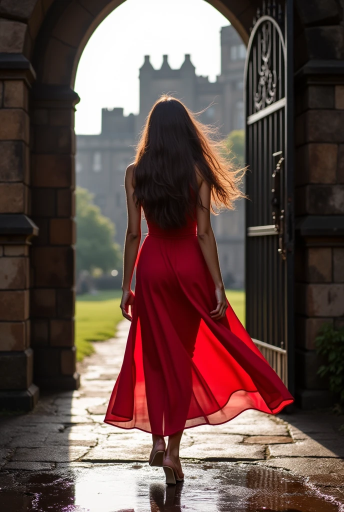 Brunette Instaghram influencer, walking through the gates of Edinburgh Castle, red flowing dress, hair blowing in the wind, dynamic lighting, wet reflection on the ground