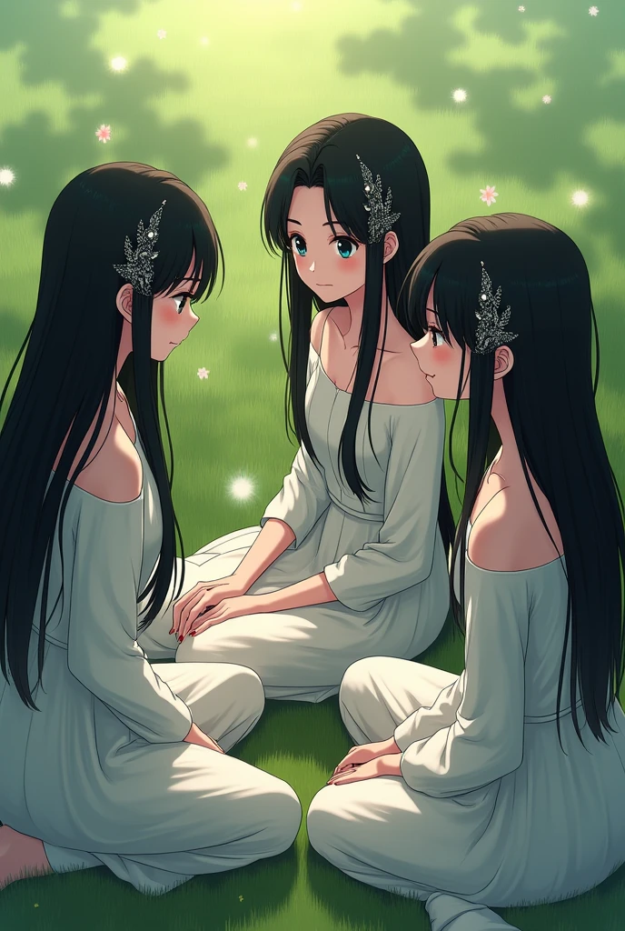 Multiple girls with sleek black hair, six or more in total, each adorned with intricate hair ornaments, sit gracefully on a lush carpet of green grass.