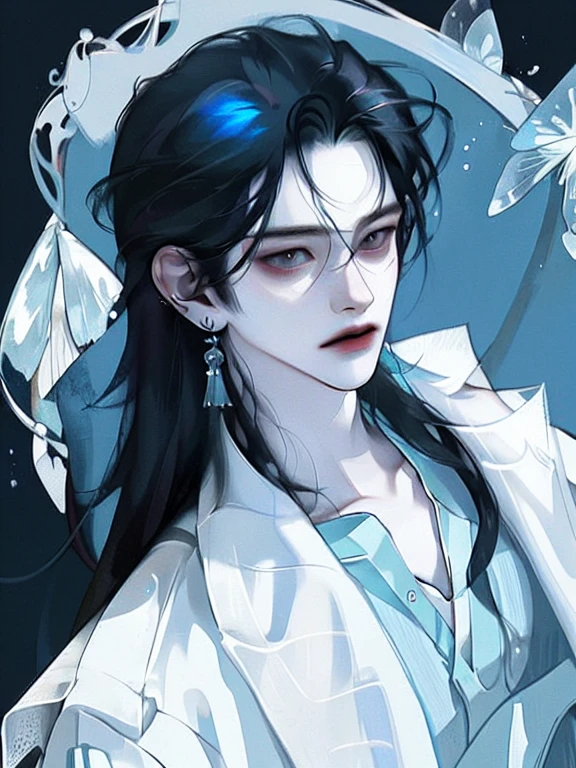 masterpiece, Male focus, 1 boy, solitary, Blue hair, Tassel Earrings,Gorgeous earrings, black background, Blue Eyes, Long hair, Vulnerabilities, Butterfly, 上Half Body, Five pearly roses,Personal,The eyes are drawn with incredible detail.,Solitary,Close-up of moonlight,chiffon,Gorgeous clothes,masterpiece,Epic Works,Clean background,Flowing sleeves,Half Body
