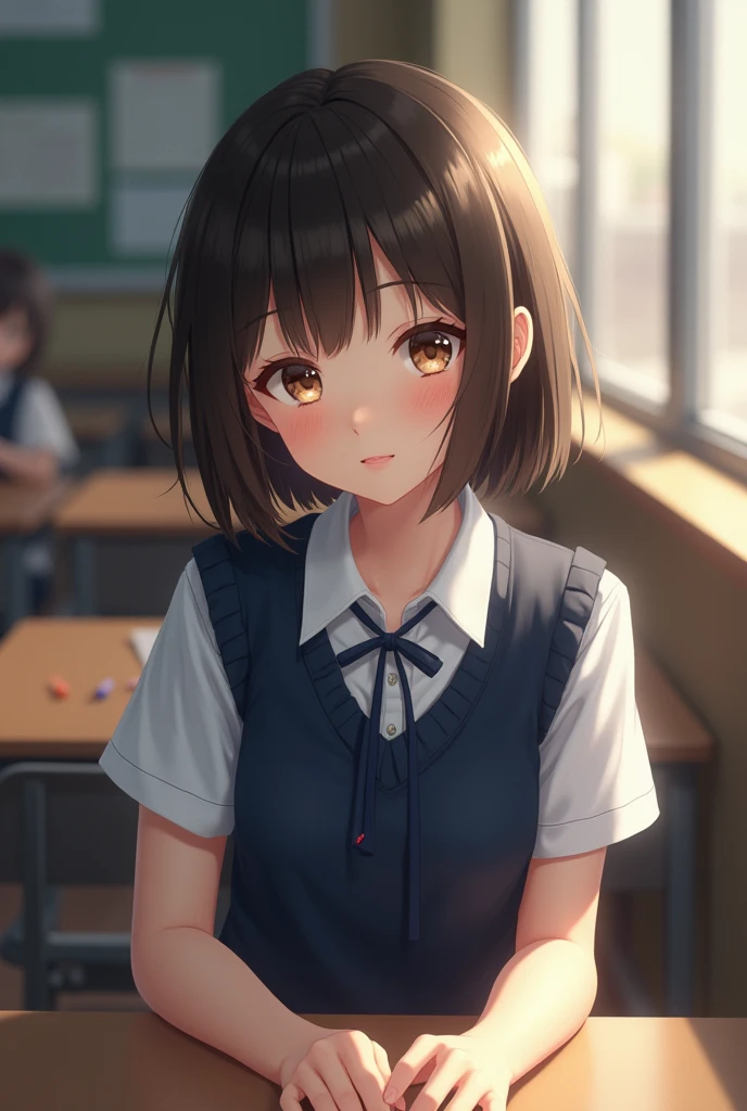 best quality, face focus, soft light, ultra high res, (photorealistic:1.4), RAW photo, 1japanese girl, solo, cute, (shy smile:0.5), (brown eyes, lights in the eyes), detailed beautiful face, (small chest),(high resolution detail of human skin texture), (short bob hair), BREAK, in classroom,navy school uniform, vest, skirt