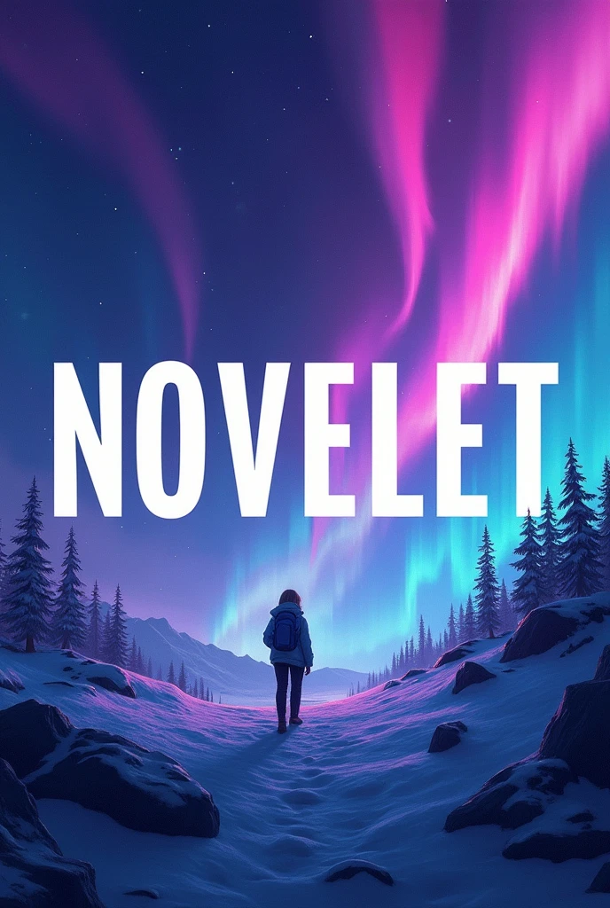 Cover with the name novelet written in large letters, with purple blue and pink colors with an aurora borealis