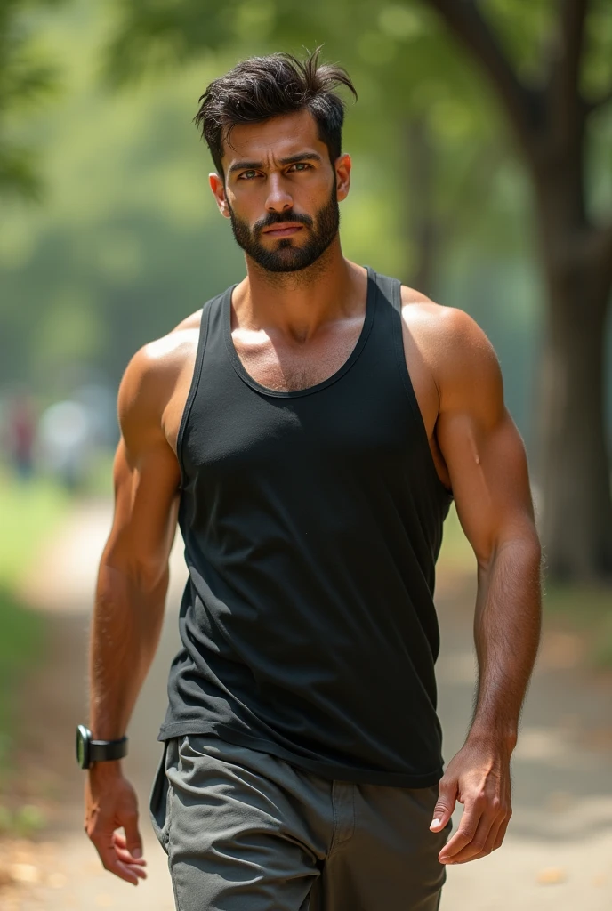 (photorealism:1.2), a handsome man in his late 20s with a rugged yet well-groomed appearance. He has short, tousled dark hair and a full beard with a slightly lighter tone. His eyes are bright green, with a piercing and intense gaze. He is dressed in a sporty manner and is walking through a park.. that reveals a strong build and tan skin. The background is simple and neutral, highlighting his facial features and expression. The lighting is soft, emphasizing his chiseled jawline and subtle facial shadows, creating a natural and confident look.