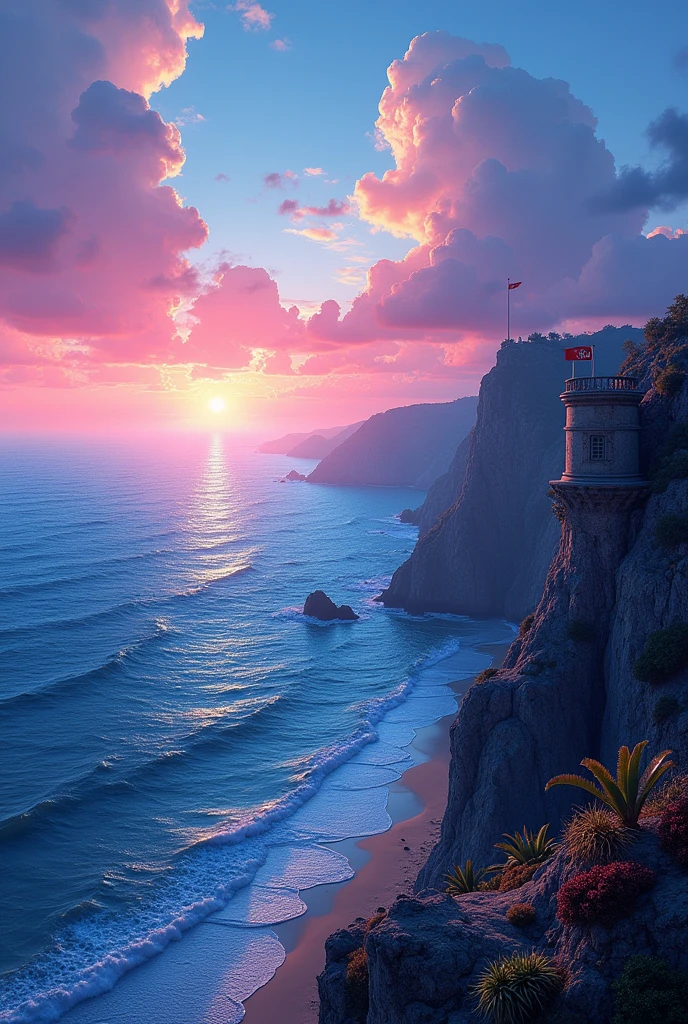 Beautiful Portuguese landscape with sea view and blue and pink sunset with the Portuguese flag and the name Clara drawn on the image