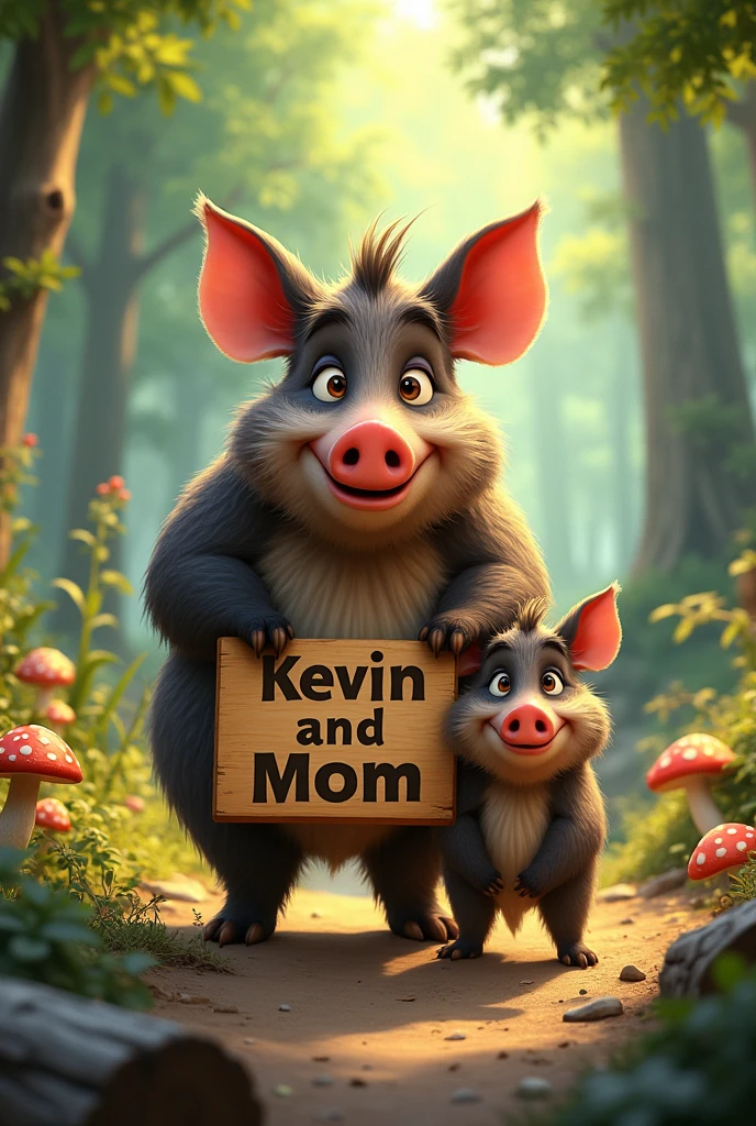 A boar with a Disney Pixar style boar mom with the sign saying “KEVIN AND MOM” ugly