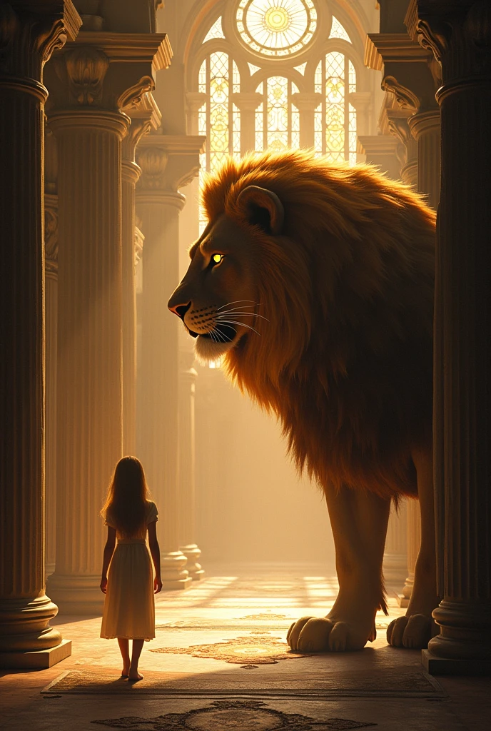 A person entering a bible with a lion