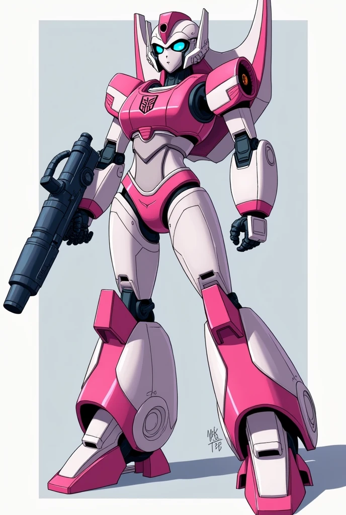 Arcee, G1 version. Slim, feminine humanoid design with pink and white armor. Smooth, curved body with a recognizable head crest. Blue eyes, often holding a blaster.
