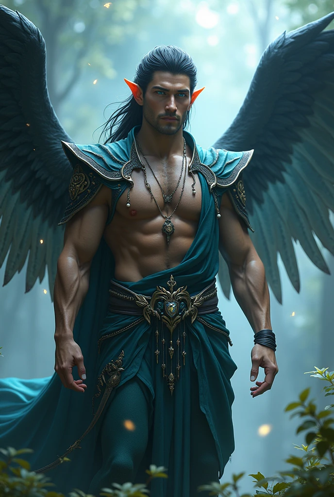 Man, blue eyes, black hair, fae, wings, strong, prince,  