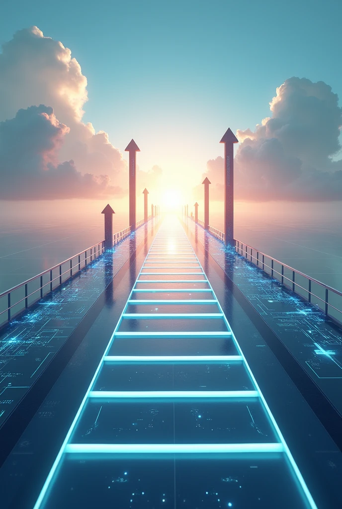"Design a Facebook cover photo that symbolizes crossing into new opportunities. The image should show a sleek, futuristic bridge stretching out into a bright horizon, with neural patterns subtly embedded in the structure, representing the integration of neuroscience and sales. Along the bridge, place abstract symbols of achievement, like upward arrows or glowing steps, guiding the viewer toward success. The background should feature a mix of sky and digital elements, creating a harmonious blend of nature and technology. The overall mood should be forward-looking and aspirational, making viewers curious about the journey ahead."