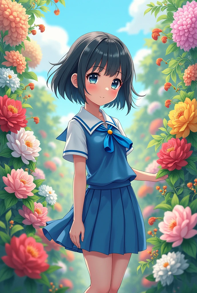 Japanese girl, wearing a blue school uniform, with flowers in the background