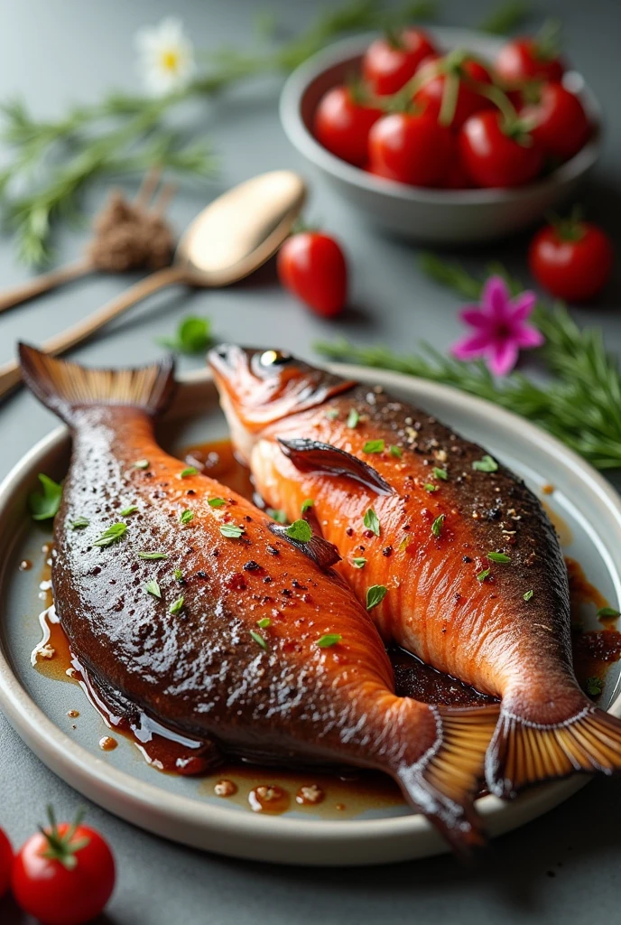 Create an advertising banner with smoked whole trout with the lettering “Horsts Trout. Fish for him and her.“