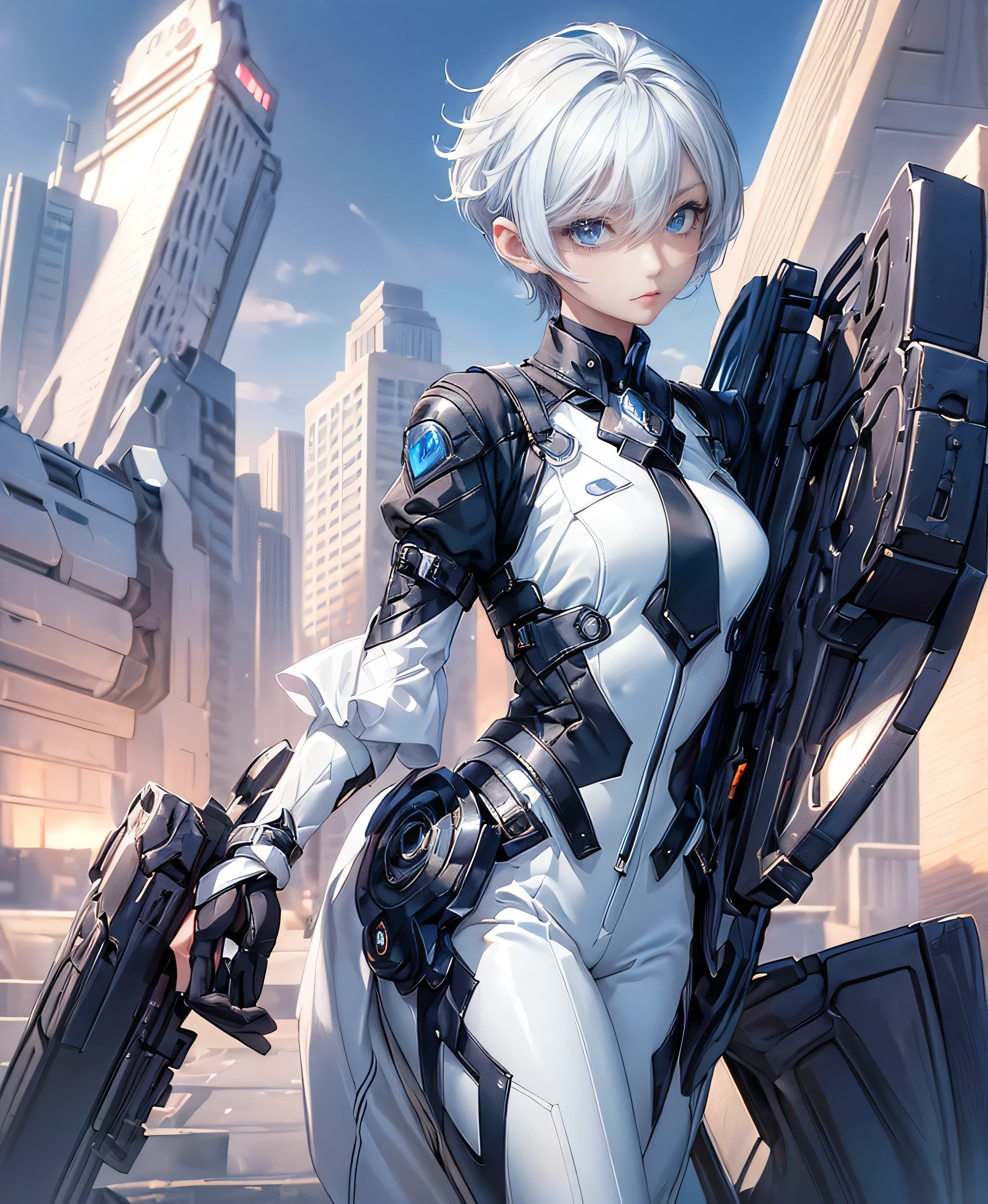 ((4K Works))、masterpiece、(Highest quality)、One beautiful girl、The body is slim、expensive、((Black Y-shirt and white pants、Charming street style))、Please wear a cropped jacket、(Beautiful eyes in every detail)、Morning City、Stylish city、During a walk、((short-haired gray hair))、((Makes your face smaller))、((Neutral face))、((Bright Blue Eyes))、((Adult female, 2))、((Cool woman))、((Like a celebrity))、((Korean Makeup))、((elongated and sharp eyes))、((boyish))、Professional photos、((Model Photo))、((Look up at the sky))、((Shooting from behind))、((She is looking upwards))、((Her eyes are looking up))、((Increase the angle of the face))、((She is walking in front of the viewer))、(Neckline), Elbow-length gloves、Knee-high boots
