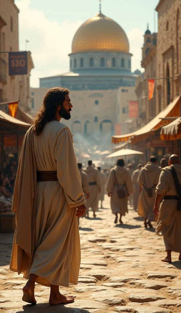 "Jesus walking towards the Temple, wearing modest robes, 1st century, observing the busy market and merchants, the Temple in Jerusalem, a sacred place turned into a marketplace, stalls and traders in the background, hyper-realistic, photo realism, cinematography -- ar 9:16"