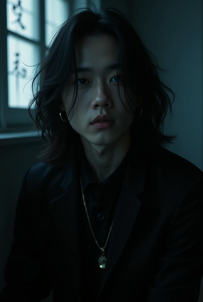 Asian k-pop boy in a dark place with long hair and the word facneo written in the background