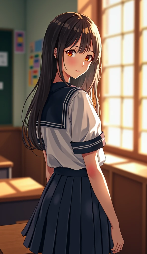 A beautiful girl with red eyes wearing a navy blue sailor uniform standing by the window in the classroom