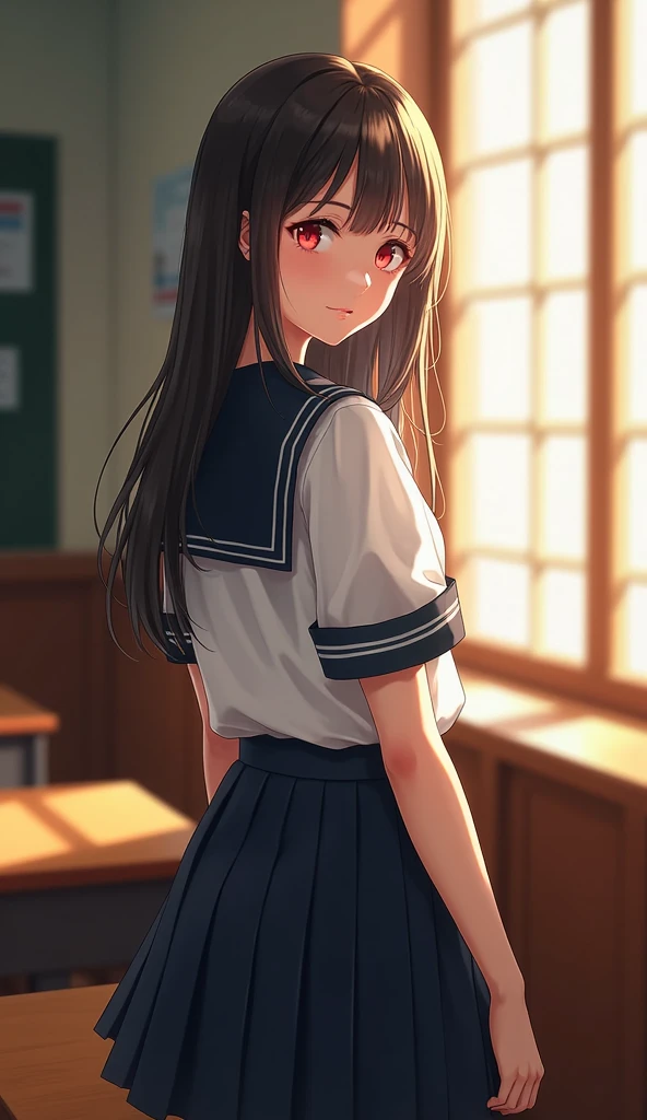 A beautiful girl with red eyes wearing a navy blue sailor uniform standing by the window in the classroom