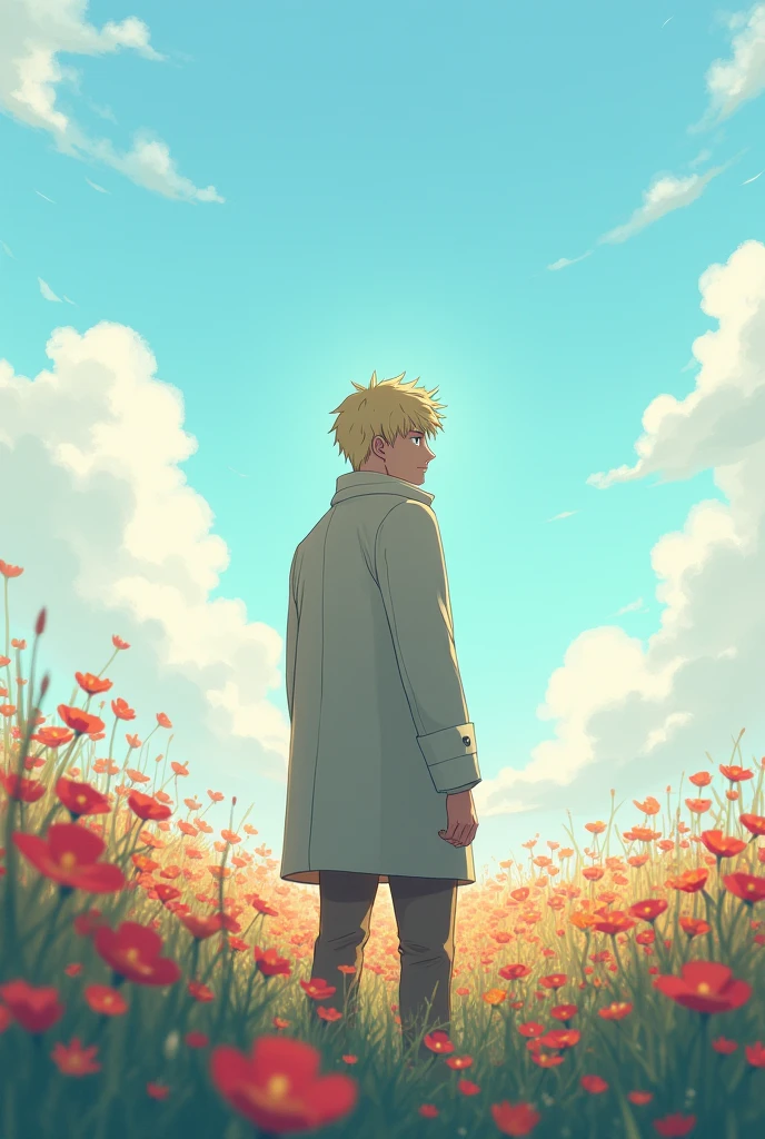 1people々々々々々,Blonde short-haired man,short coat, man Silhouette, Rear View,Space Sky, Flower Field,Colorful flowers