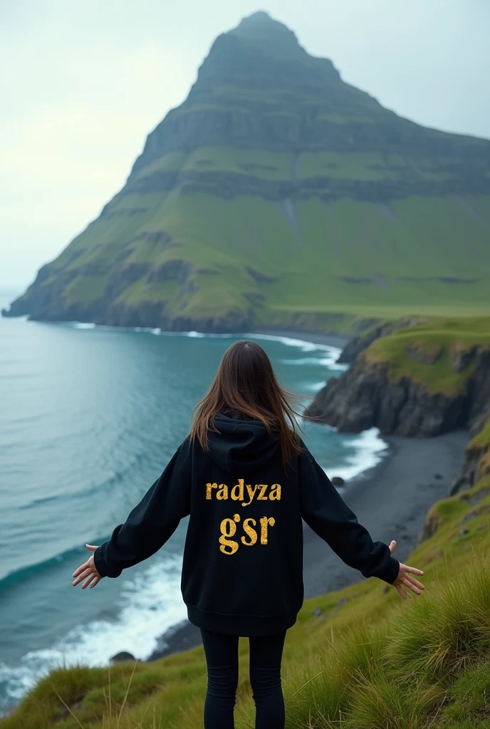 ((best quality)), ((masterpiece)), (detailed), A girl stands on a hill covered with lush green grass, her back facing the camera. He wore a black hoodie that contrasted with the natural surroundings. On the back of his hoodie, there is luxurious, shining gold writing that reads "RADYZA GSR". (The text stands out, as if exuding elegance amidst the serene landscape). In the distance stretches the vast sea with waves breaking on the rocks. You can see a tall mountain rising majestically, seen from the girl's perspective. At the foot of the mountain, standing firmly, there is the writing "STARMAKER" in white, with letters designed with a horror theme, adding to the impression of mystery. The girl stared at the mountain in awe, while her arms stretched towards the sky, as if embracing the majesty of nature that lay before her.