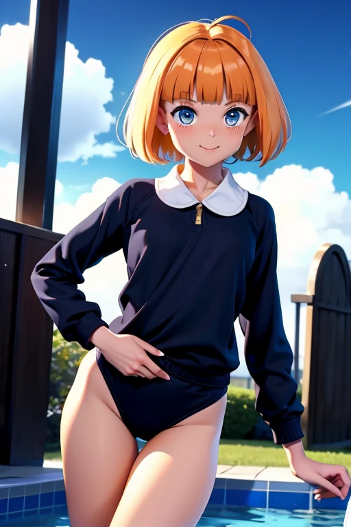 masterpiece, highest quality, 1 girl, smile, smug,The background is a graveyard at night、 black high leg swimsuitを着ている、Wearing a long-sleeved collared blouse、I can see my belly button, abdomen, small breasts, , , black high leg swimsuitを着ている, black stockings, gesture)), Face-to-face audience, looking at the viewer, (kbxll:0.7),black high leg swimsuit,mariel