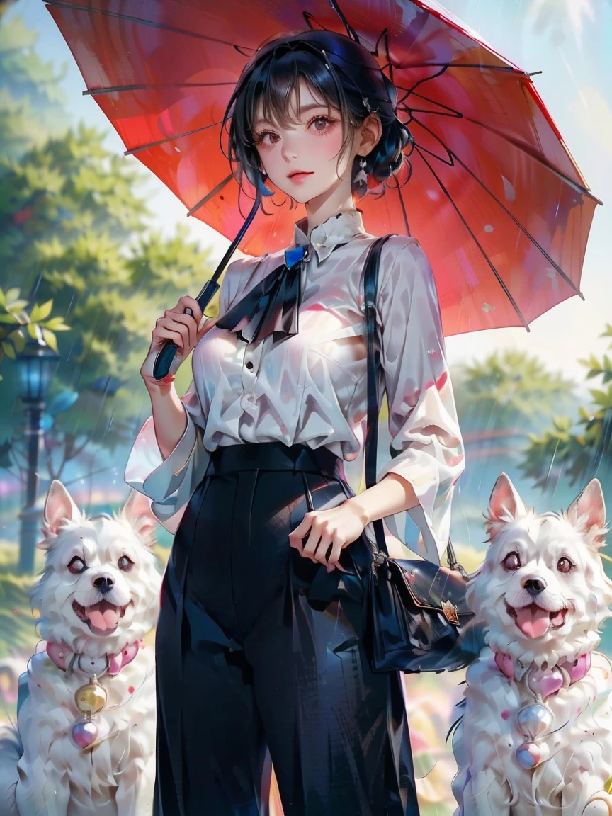 A woman in a white blouse and black trousers with her dog　　Cute black and white dog　Holding a red umbrella in the park　it&#39;s raining　A woman and a dog are sheltering from the rain under the same umbrella in a rainy park　Watercolor art　A woman sheltering from the rain with her dog